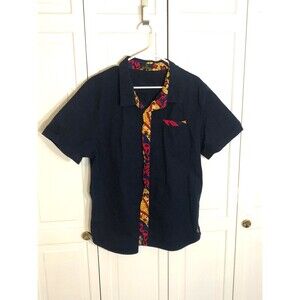 D'IYANU Men's Navy Blue African Print Button Down Shirt XL Short Sleeve Ankara